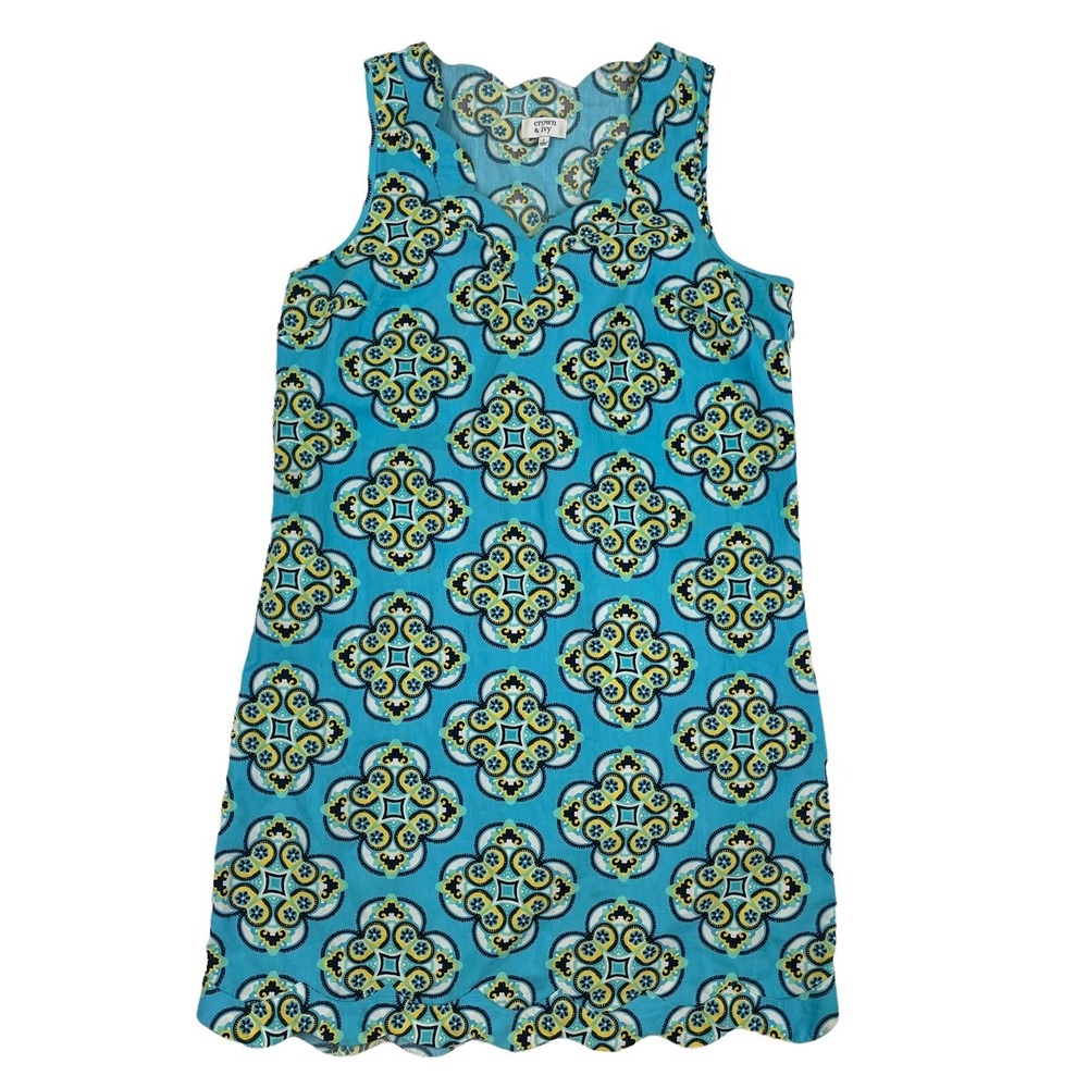 Crown & Ivy Blue Tile Pattern Sleeveless Scalloped Edge‎ V-Neck Dress Sz 2